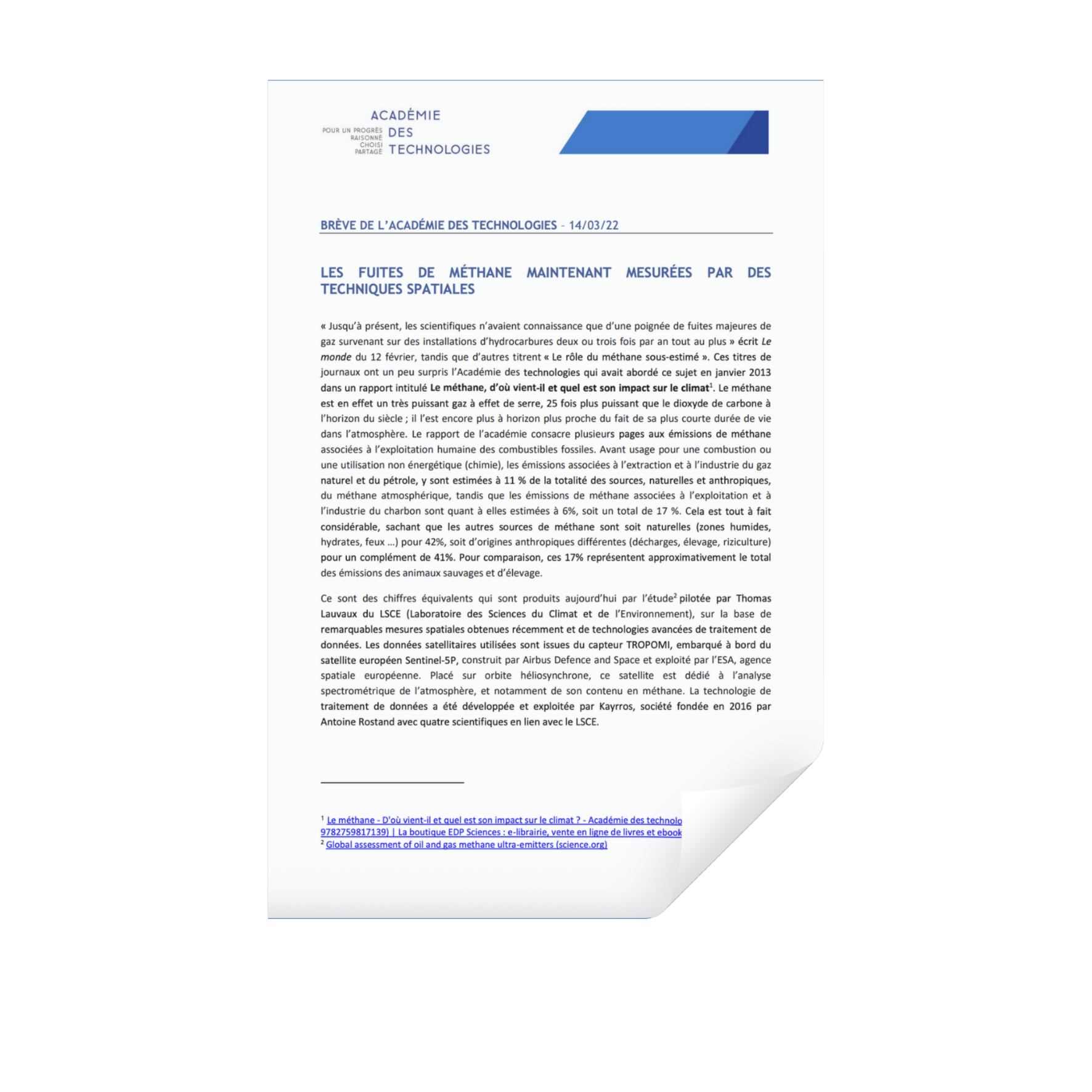 Avis Les fuites de méthane maintenant mesurées par des techniques spatiales