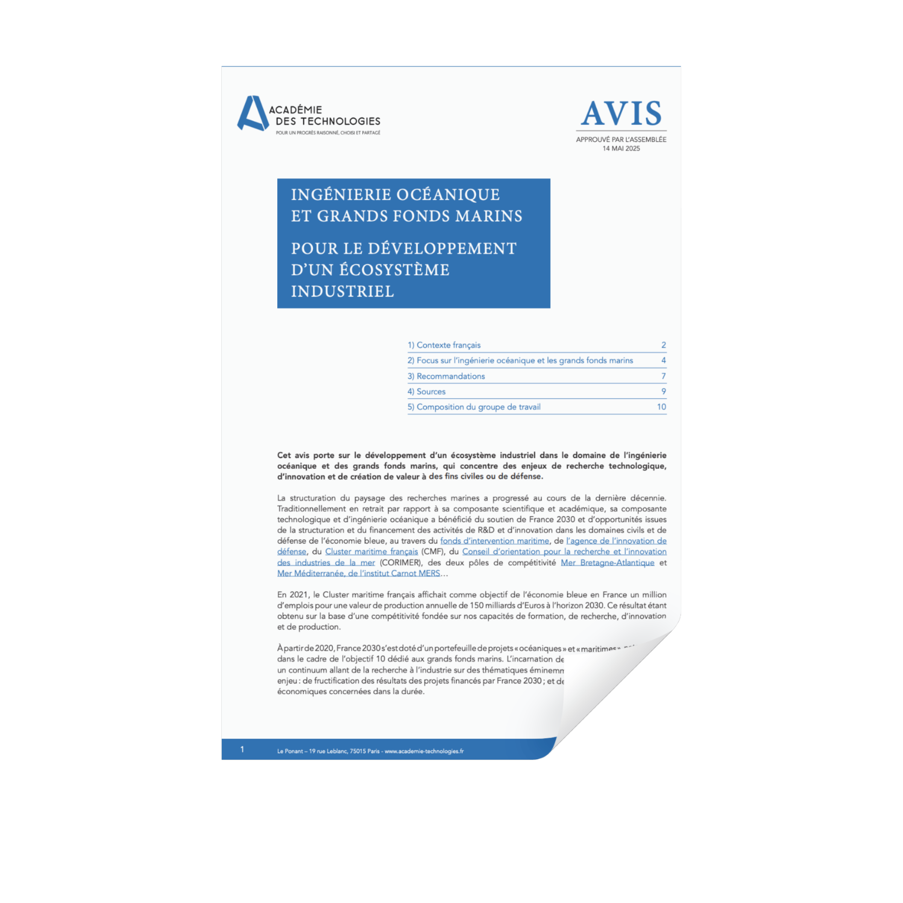 Avis Ingénierie océanique et grands fonds marins : pour le développement d’un écosystème industriel