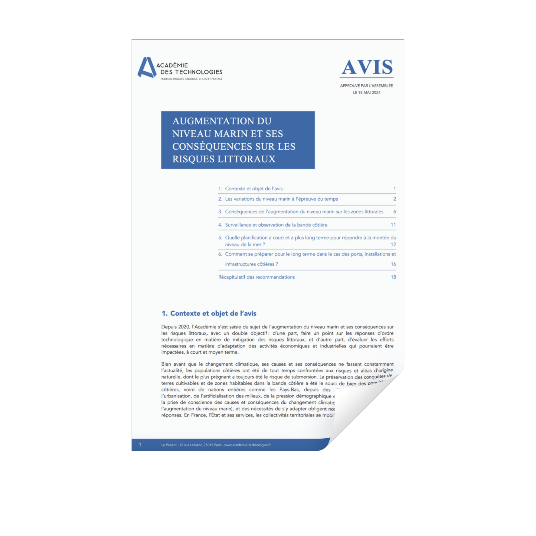 Avis Augmentation du niveau marin et ses conséquences sur les risques littoraux